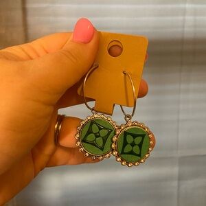 Green Floral Drop Earrings with Decorative Frame